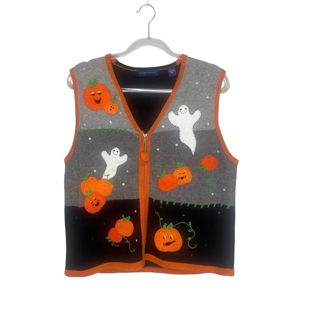 Vintage Karen Scott Halloween Vest Zip Up Ramie Cotton Size M Pumpkins Ghosties